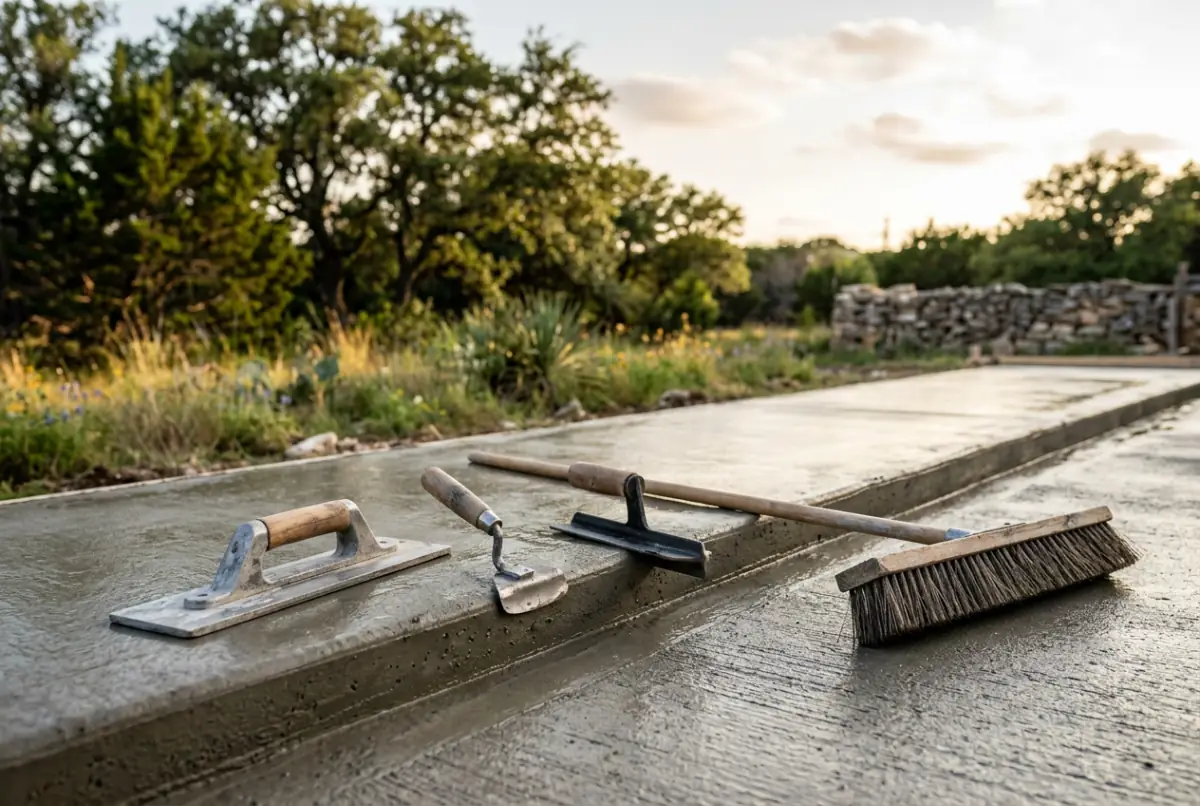 Concrete finishing tools resting on a fresh smooth slab